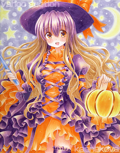 手描きイラスト 水彩原画 オレンジ色服の女の子117 望ましく